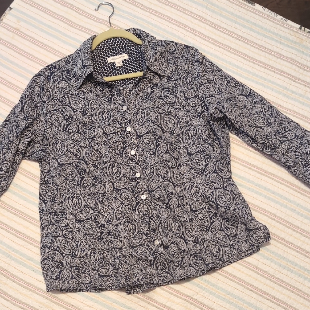 Coldwater Creek  Button-Down Shirt - Navy and White Paisley